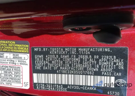 2005 Toyota Camry Le from USA, damaged, VIN 4T1BE32K05U017662